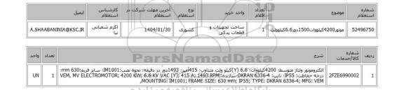 استعلام موتور4200کیلووات1500دور6.6کیلوولت