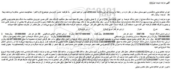 مزایده سه دانگ مشاع از شش دانگ عرصه و اعیان پلاک ثبتی 230 فرعی از 1 اصلی