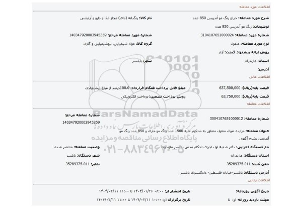 مزایده، رنگ مو آندریس 850 عدد