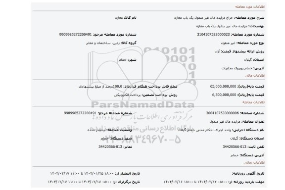 مزایده، مزایده مال غیر منقول یک باب مغازه