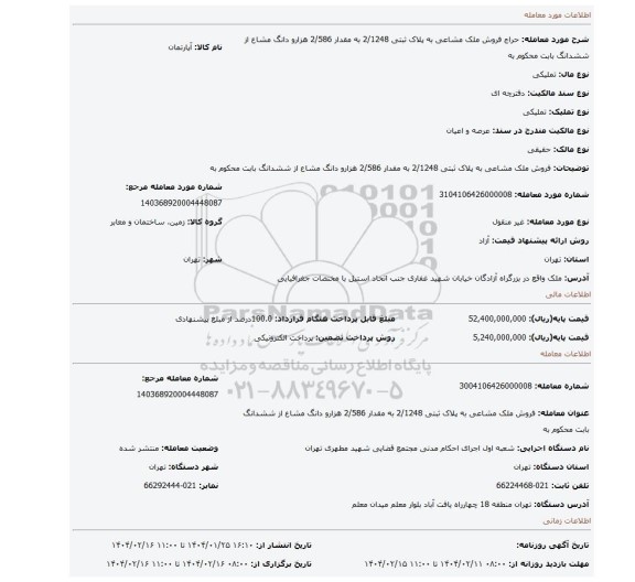 مزایده، فروش ملک مشاعی به پلاک ثبتی 2/1248 به مقدار 2/586 هزارو دانگ مشاع از  ششدانگ  بابت محکوم به