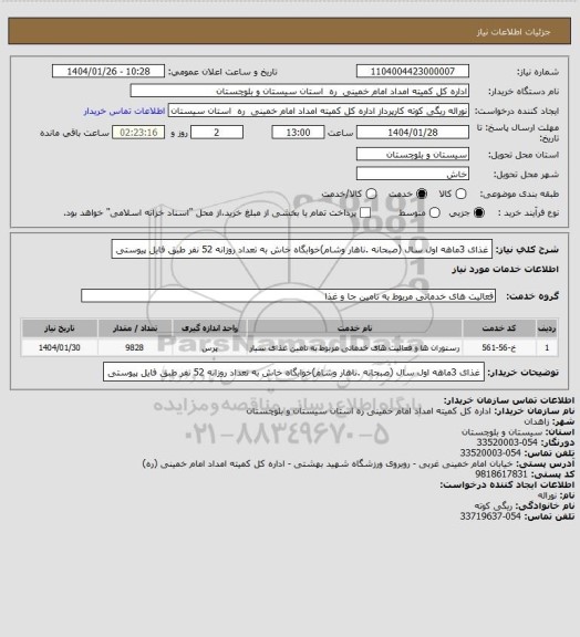 استعلام  غذای 3ماهه اول سال (صبحانه .ناهار وشام)خوابگاه خاش به تعداد روزانه 52 نفر طبق فایل پیوستی