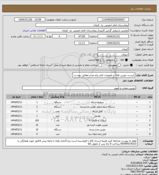 استعلام لیست دوربین های و تجهیزات لازم برام نصب مطابق پیوست
