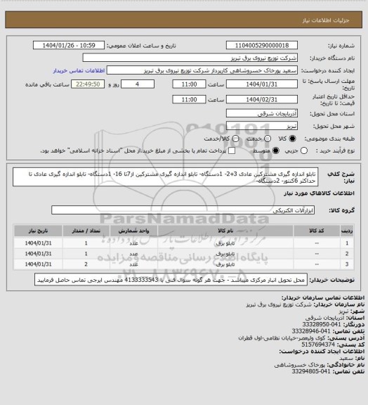 استعلام تابلو اندازه گیری مشترکین عادی 3+2- 1دستگاه- تابلو اندازه گیری مشترکین از7تا 16- 1دستگاه- تابلو اندازه گیری عادی تا حداکثر 6کنتور- 2دستگاه-