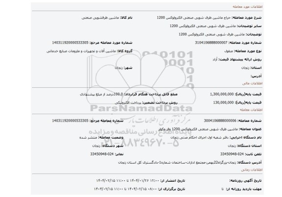 مزایده، ماشین ظرف شویی صنعتی الکترولوکس 1200