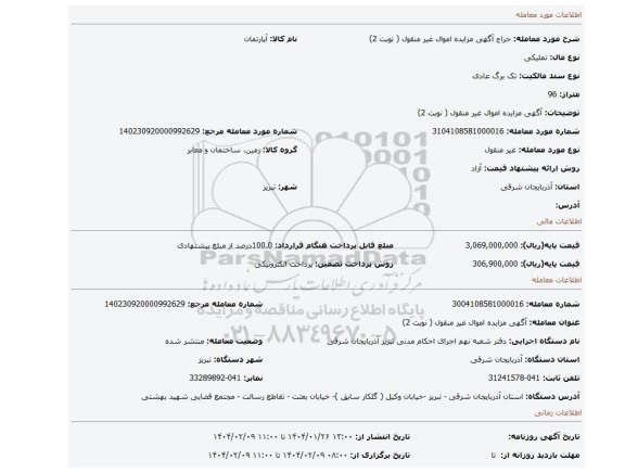 مزایده، آگهی مزایده اموال غیر منقول ( نوبت 2)