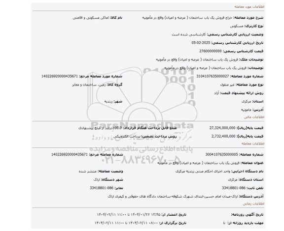 مزایده، فروش یک باب ساختمان ( عرصه و اعیان) واقع در مأمونیه
