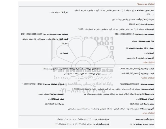 مزایده، سهام شرکت خدماتی رفاهی یزد آتنا کویر سهامی خاص به شماره ثبت 1000