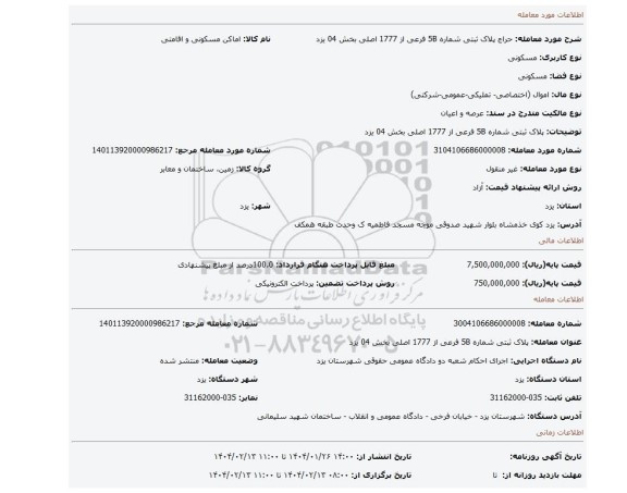 مزایده، پلاک ثبتی شماره 5B فرعی از 1777 اصلی بخش 04 یزد