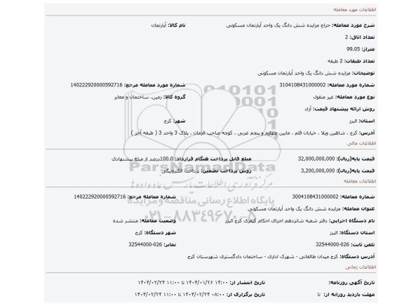 مزایده، مزایده شش دانگ یک واحد آپارتمان مسکونی