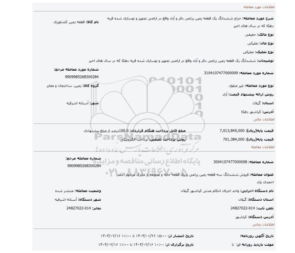 مزایده، ششدانگ یک قطعه زمین زراعی دائر و آباد واقع در اراضی تجهیز و نوسازی شده قریه دهکا که در سال های اخیر