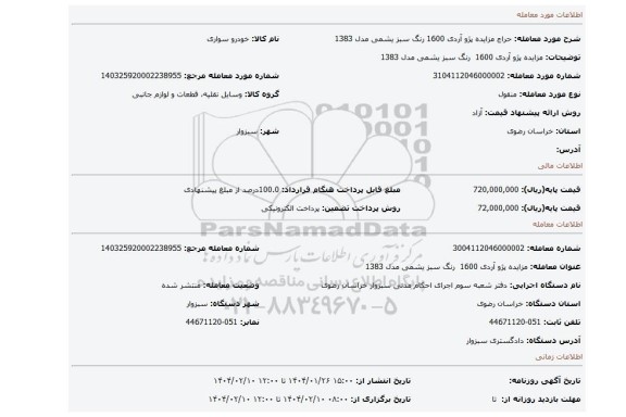 مزایده، مزایده پژو آردی 1600 رنگ سبز یشمی مدل 1383