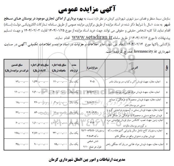 مزایده بهره برداری از اماکن تجاری موجود در بوستان های سطح شهر