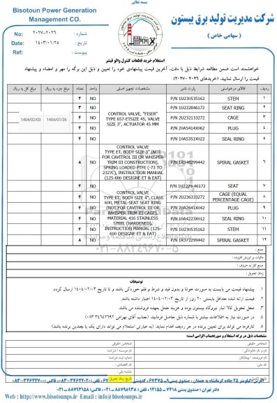 استعلام خرید قطعات کنترل والو فیشر