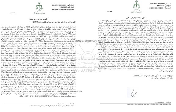 مزایده یک قطعه آپارتمان مسکونی به پلاک ثبتی 5075 فرعی از 68 اصلی 