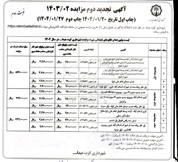 تجدید دوم مزایده فروش بیلبوردها و تابلوهای تبلیغاتی ...- چاپ دوم نوبت دوم