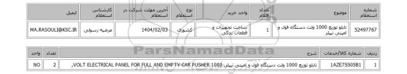 استعلام تابلو توزیع 1000 ولت دستگاه فول و امپتی تیپلر