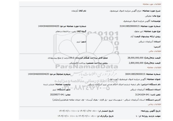 مزایده، آگهـی مـزایده امـوال غیرمنقـول