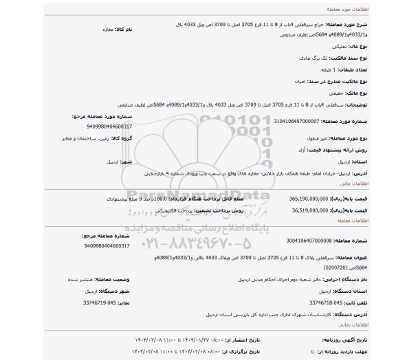 مزایده،  سرقفلی   4باب از  8 تا 11 فرع  3705 اصل تا 3709 اص وپل  4033 باق و4033/1و4089/1و 5684اص لطیف صنایعی