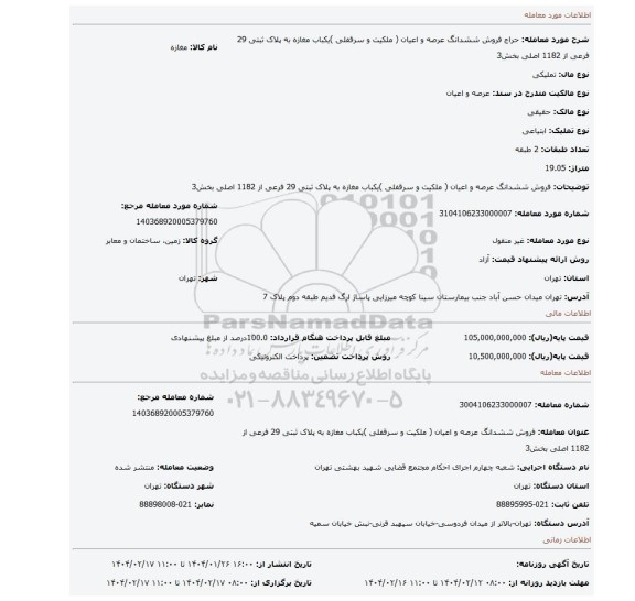 مزایده، فروش ششدانگ عرصه و اعیان ( ملکیت و سرقفلی )یکباب مغازه به پلاک ثبتی 29 فرعی از 1182 اصلی بخش3