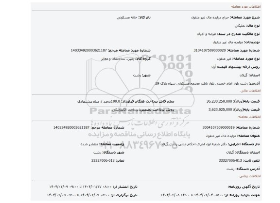 مزایده، مزایده مال غیر منقول