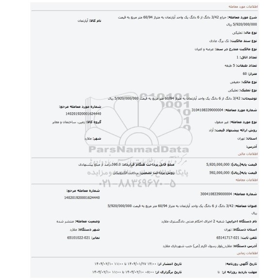 مزایده، 3/42 دانگ از 6 دانگ یک واحد آپارتمان به متراژ 60/94 متر مربع به قیمت 5/920/000/000 ریال