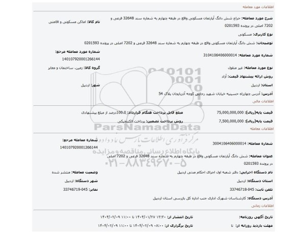 مزایده، شش دانگ آپارتمان مسکونی واقع در طبقه چهارم به شماره سند 32648 فرعی و 7202 اصلی در پرونده 0201593