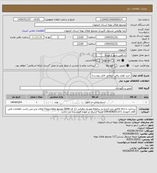 استعلام خرید لوازم برقی (مطابق فایل پیوست)