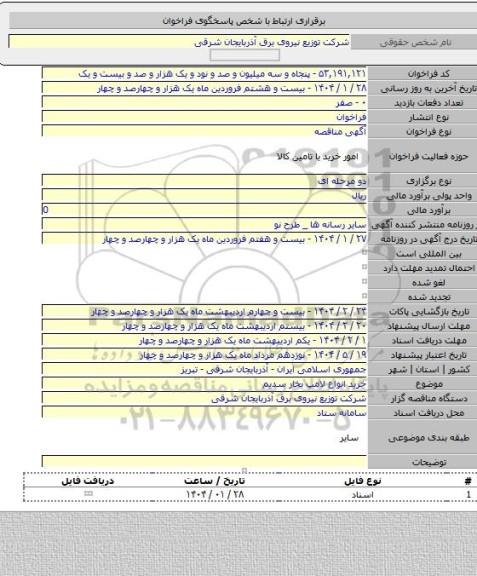 مناقصه, خرید انواع لامپ بخار سدیم