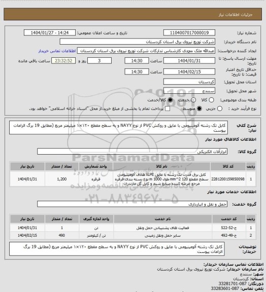 استعلام کابل تک رشته آلومینیومی با عایق و روکش PVC از نوع NAYY و به سطح مقطع ۱۲۰×۱ میلیمتر مربع (مطابق 19 برگ الزامات پیوست