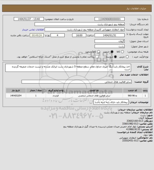 استعلام اخذ پیمانکار بابت رنگ آمیزی جداول معابر سطح منطقه 5 شهرداری رشت
ایرانکد مشابه و لیست خدمات ضمیمه گردیده است