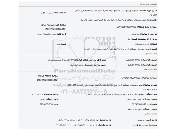 مزایده، بجنورد روستای حمزانلو کوچه عطار 15 قرار دارد یک قطعه زمین خالص فاقد بنا