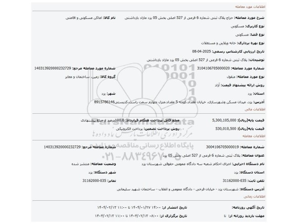 مزایده، پلاک ثبتی شماره 6 فرعی از 527 اصلی بخش 05 یزد مازاد بازداشتی
