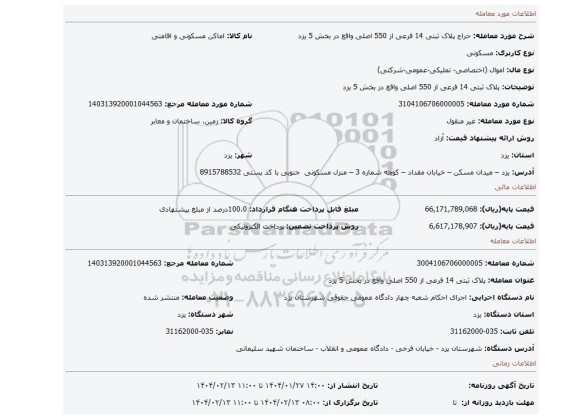مزایده، پلاک ثبتی 14 فرعی از 550 اصلی واقع در بخش 5 یزد