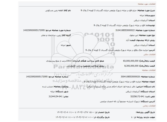 مزایده، اقع در میانه شهرک ولیعصر خیابان گلستان 2 کوچه 2 پلاک 9