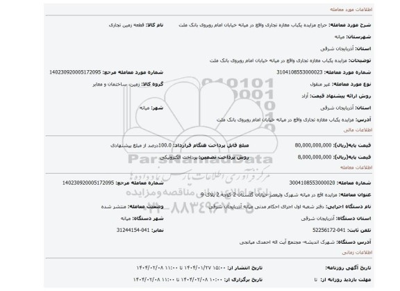 مزایده، مزایده یکباب مغازه تجاری واقع در میانه خیابان امام روبروی بانک ملت