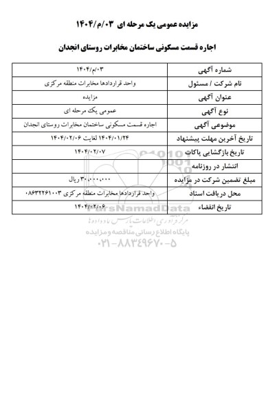 مزایده عمومی اجاره قسمت مسکونی ساختمان مخابرات روستای انجدان