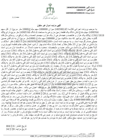 مزایده 100.000 سهم مشاع از کل  سهام 1490566 سهم مشاع یک قطعه زمین