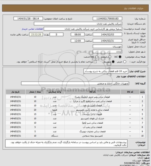 استعلام خرید 10 قلم قطعات یدکی به شرح پیوست.