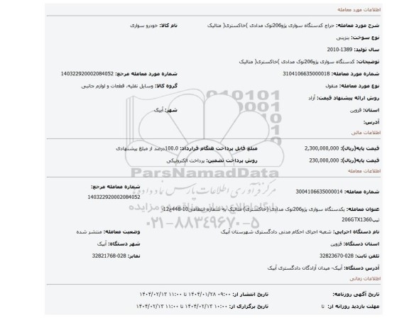 مزایده، کدستگاه سواری  پژو206نوک مدادی )خاکستری( متالیک