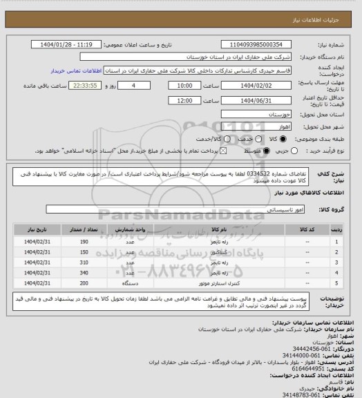 استعلام تقاضای شماره 0334532 لطفا به پیوست مراجعه شود/شرایط پرداخت اعتباری است/ در صورت مغایرت کالا با پیشنهاد فنی کالا عودت داده میشود