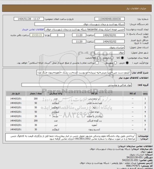 استعلام آبلیمو دست چین+لوبیا چیتی+لپه تبریزی+جو پوست کنده+رب زشک +آبغوره+زیتون +رنگ غذا