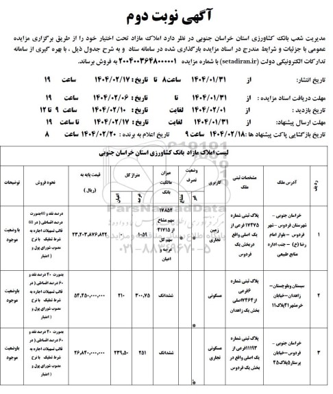 مزایده فروش املاک مازاد- نوبت دوم
