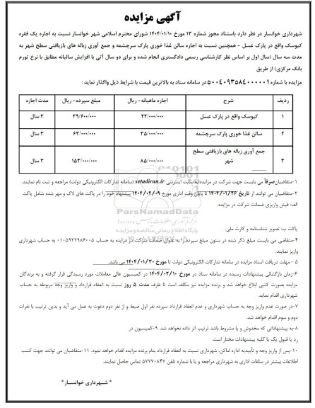 مزایده اجاره یک فقره کیوسک و...