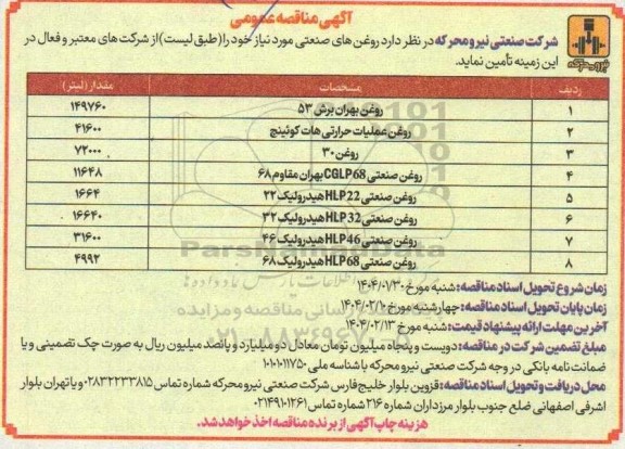 مناقصه عمومی  روغنهای صنعتی شامل روغن بهران برش 53 و ...