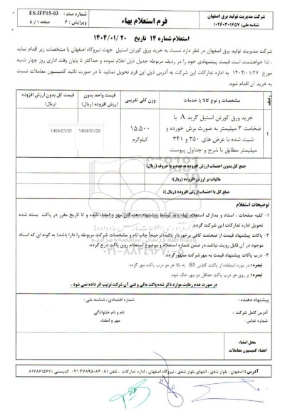 استعلام خرید ورق کورتن استیل گرید A