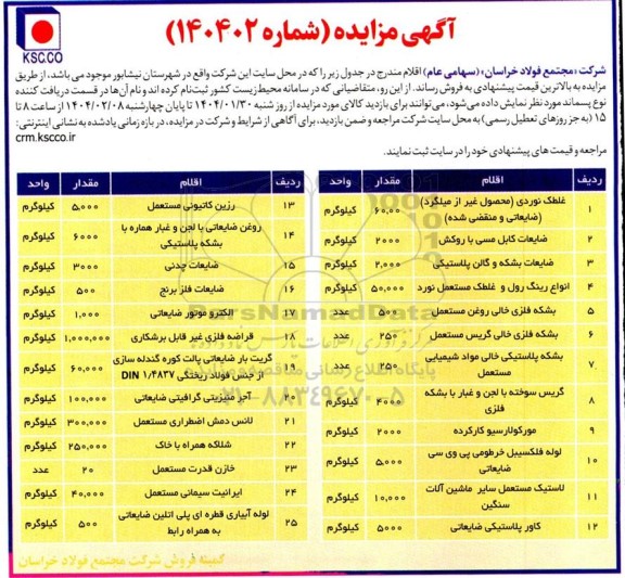 مزایده غلطک نوردی و ...
