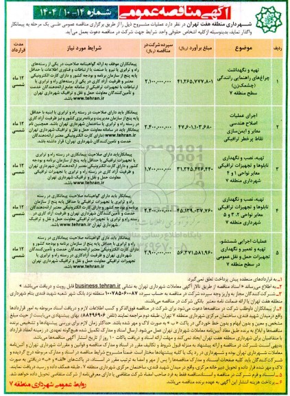 مناقصه تهیه و نگهداشت چراغ های راهنمایی رانندگی (چشمک زن)....