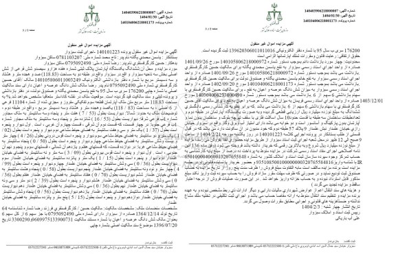 مزایده ششدانگ یک دستگاه آپارتمان پلاک ثبتی بخش سه
