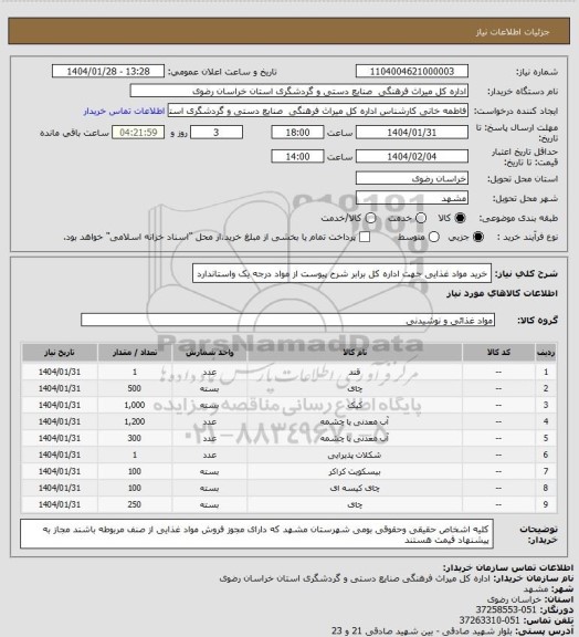 استعلام خرید مواد غذایی جهت اداره کل برابر شرح پیوست از مواد درجه یک واستاندارد